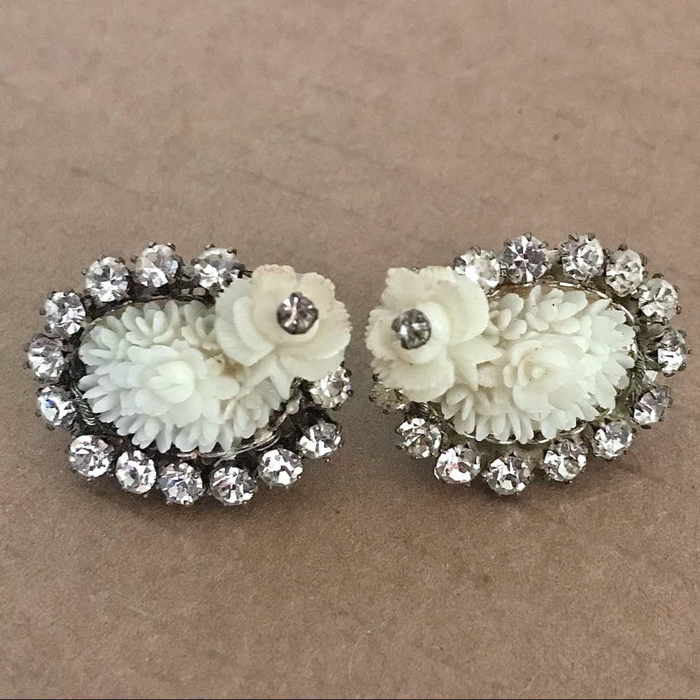 Vintage Miriam Haskell Rhinestone Floral Earrings